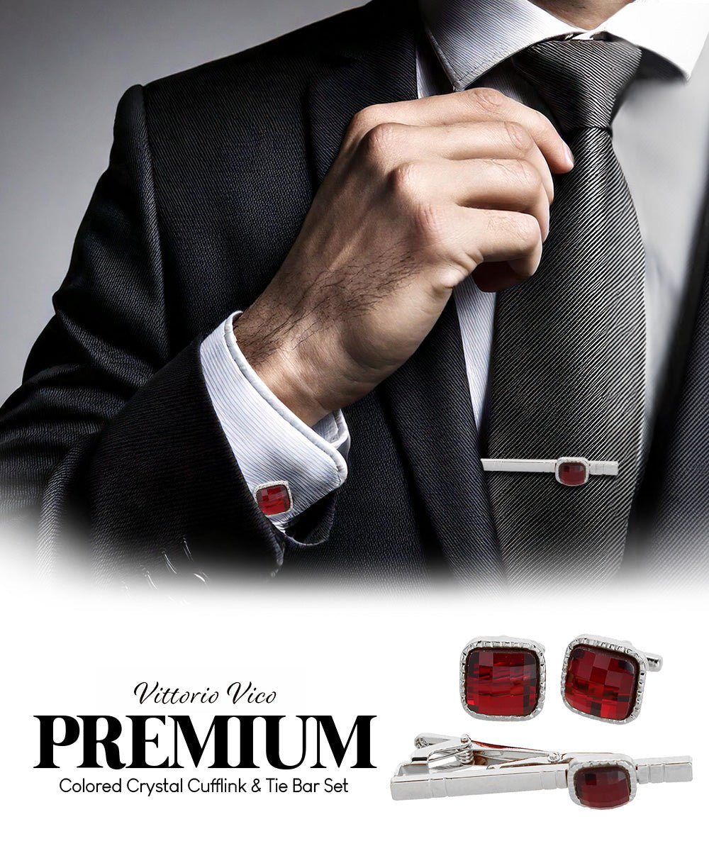 Vittorio Vico Men's Colored Crystal Cufflink & Tie Bar Set in Gift Box - Red and Silver - Cufflink & Tiebar Set - Vittorio Vico