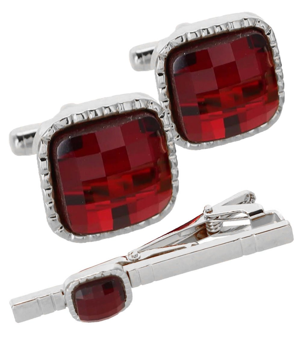 Vittorio Vico Men's Colored Crystal Cufflink & Tie Bar Set in Gift Box - Red and Silver - Cufflink & Tiebar Set - Vittorio Vico