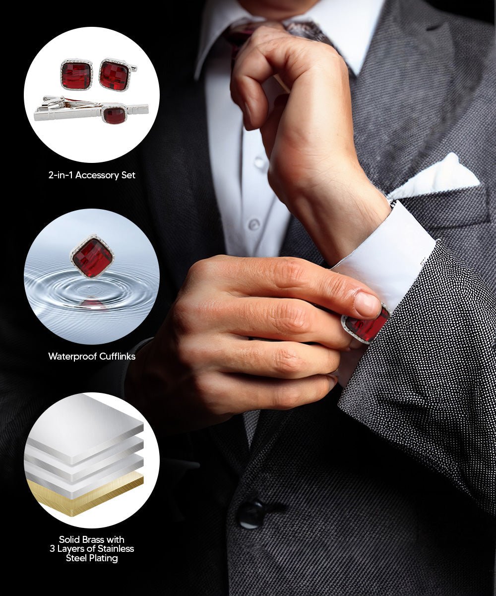 Vittorio Vico Men's Colored Crystal Cufflink & Tie Bar Set in Gift Box - Red and Silver - Cufflink & Tiebar Set - Vittorio Vico