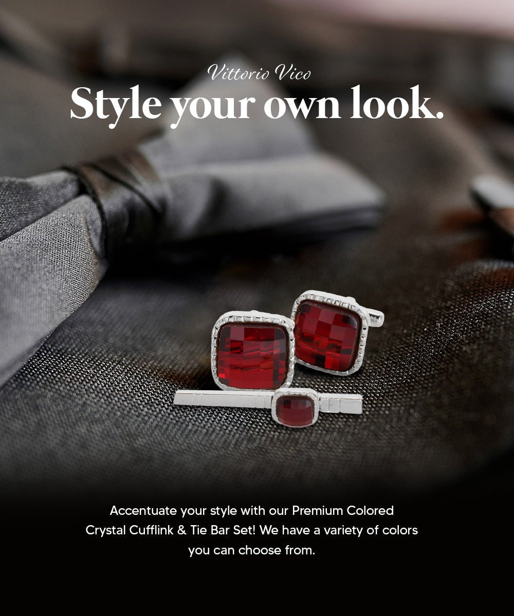 Vittorio Vico Men's Colored Crystal Cufflink & Tie Bar Set in Gift Box - Red and Silver - Cufflink & Tiebar Set - Vittorio Vico