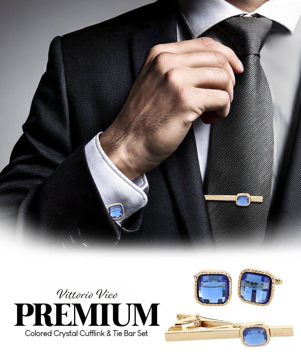 Vittorio Vico Men's Colored Crystal Cufflink & Tie Bar Set in Gift Box - Royal Blue and Gold - Cufflink & Tiebar Set - Vittorio Vico