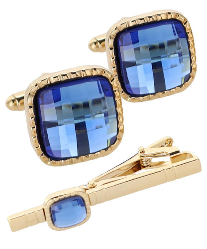 Vittorio Vico Men's Colored Crystal Cufflink & Tie Bar Set in Gift Box - Royal Blue and Gold - Cufflink & Tiebar Set - Vittorio Vico