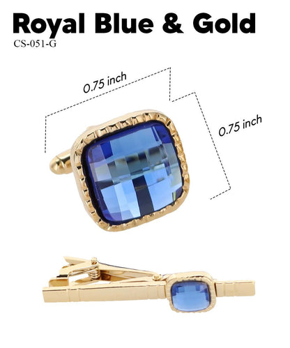 Vittorio Vico Men's Colored Crystal Cufflink & Tie Bar Set in Gift Box - Royal Blue and Gold - Cufflink & Tiebar Set - Vittorio Vico