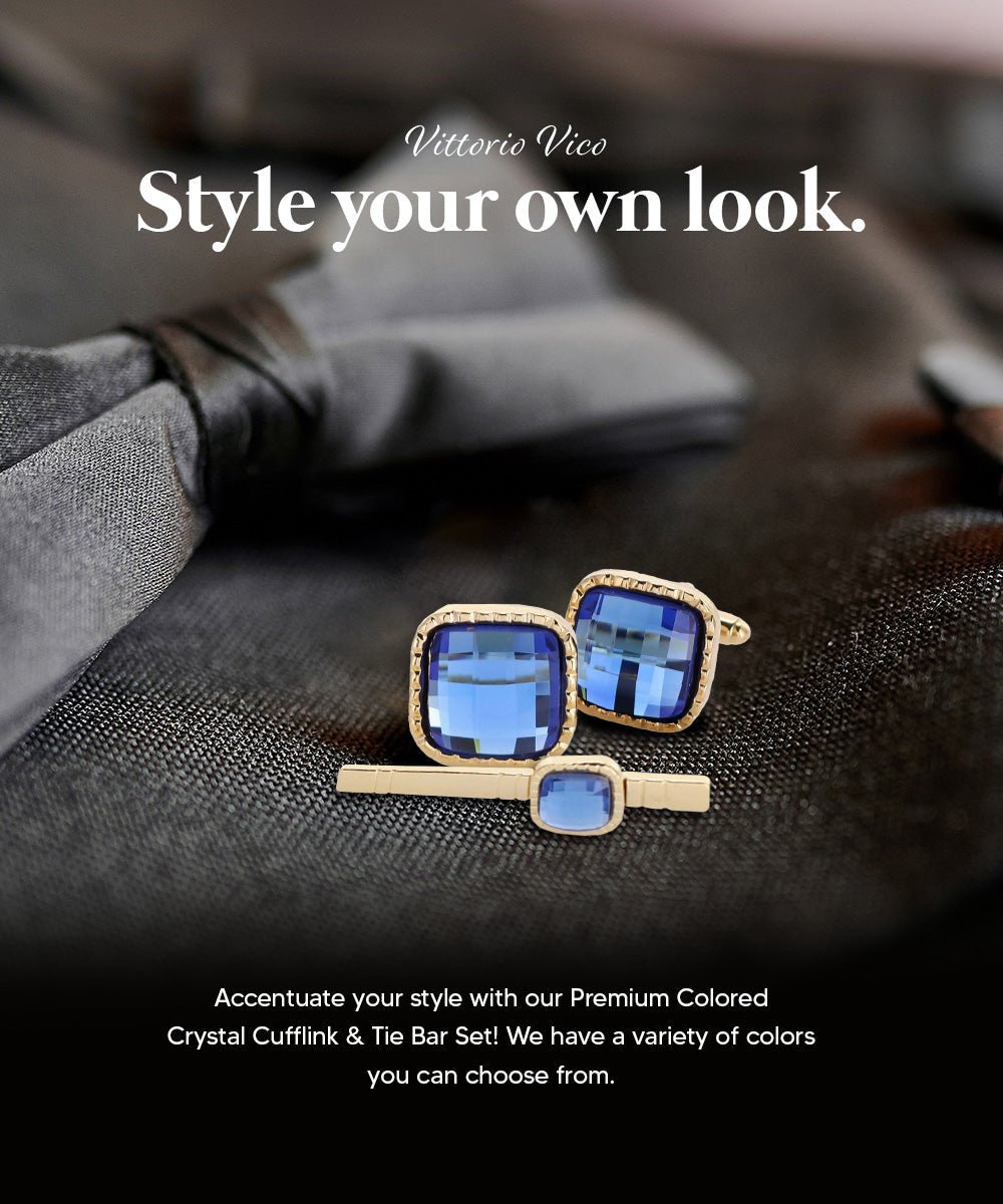 Vittorio Vico Men's Colored Crystal Cufflink & Tie Bar Set in Gift Box - Royal Blue and Gold - Cufflink & Tiebar Set - Vittorio Vico