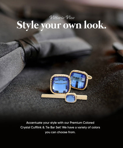 Vittorio Vico Men's Colored Crystal Cufflink & Tie Bar Set in Gift Box - Royal Blue and Gold - Cufflink & Tiebar Set - Vittorio Vico