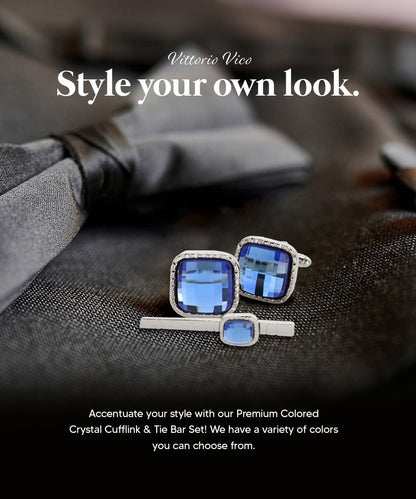 Vittorio Vico Men's Colored Crystal Cufflink & Tie Bar Set in Gift Box - Clear and Gold - Cufflink & Tiebar Set - Vittorio Vico