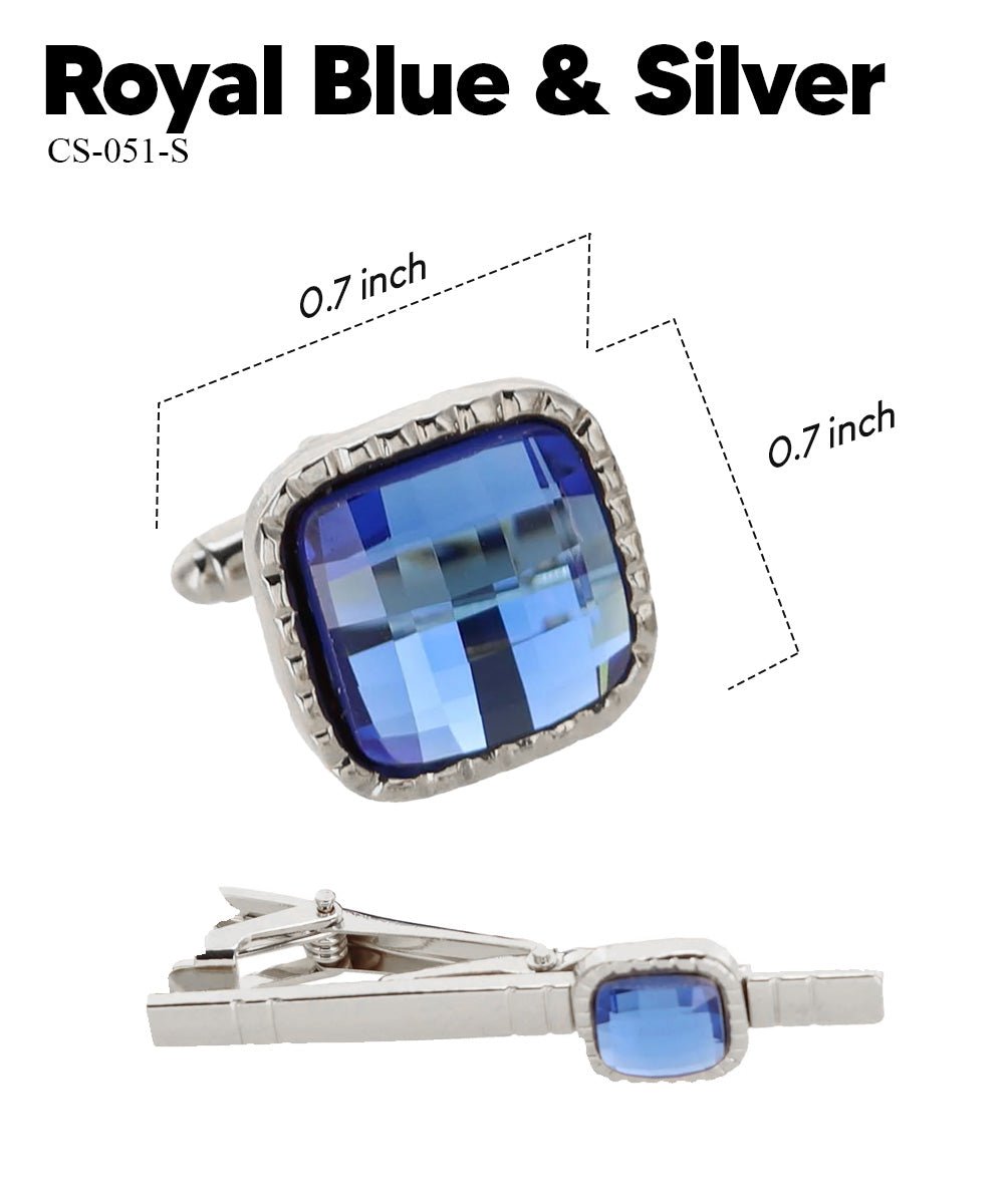 Vittorio Vico Men's Colored Crystal Cufflink & Tie Bar Set in Gift Box - Royal Blue and Silver - Cufflink & Tiebar Set - Vittorio Vico