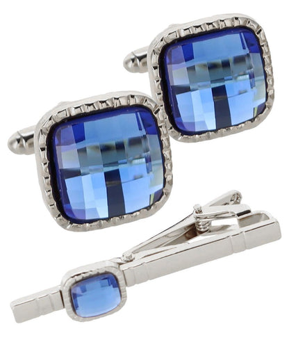 Vittorio Vico Men's Colored Crystal Cufflink & Tie Bar Set in Gift Box - Royal Blue and Silver - Cufflink & Tiebar Set - Vittorio Vico