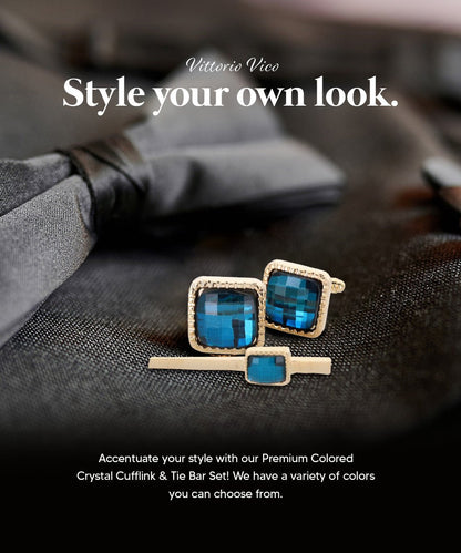 Vittorio Vico Men's Colored Crystal Cufflink & Tie Bar Set in Gift Box - Turquoise and Gold - Cufflink & Tiebar Set - Vittorio Vico