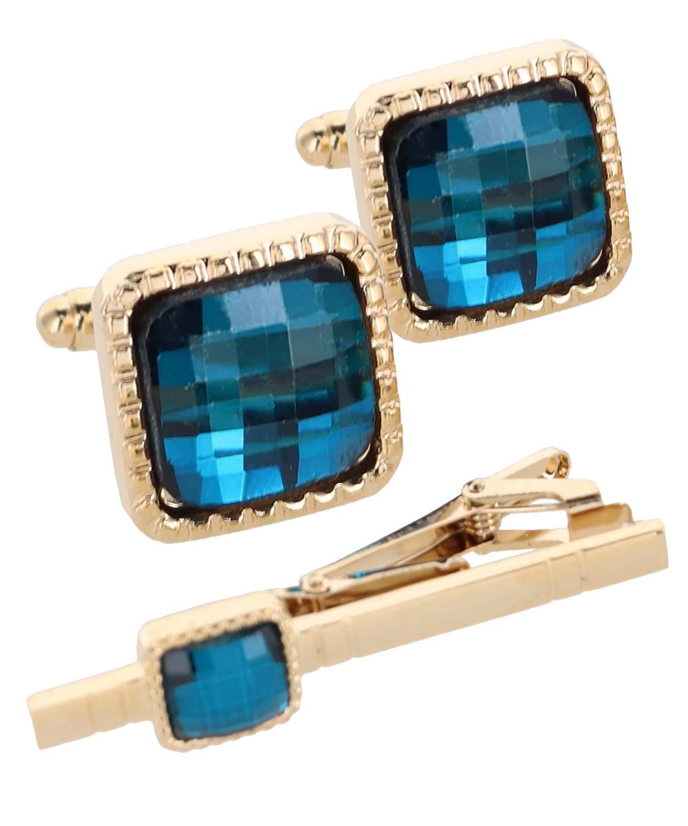 Vittorio Vico Men's Colored Crystal Cufflink & Tie Bar Set in Gift Box - Turquoise and Gold - Cufflink & Tiebar Set - Vittorio Vico