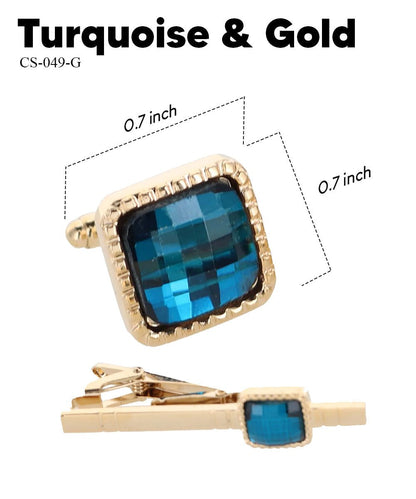 Vittorio Vico Men's Colored Crystal Cufflink & Tie Bar Set in Gift Box - Turquoise and Gold - Cufflink & Tiebar Set - Vittorio Vico