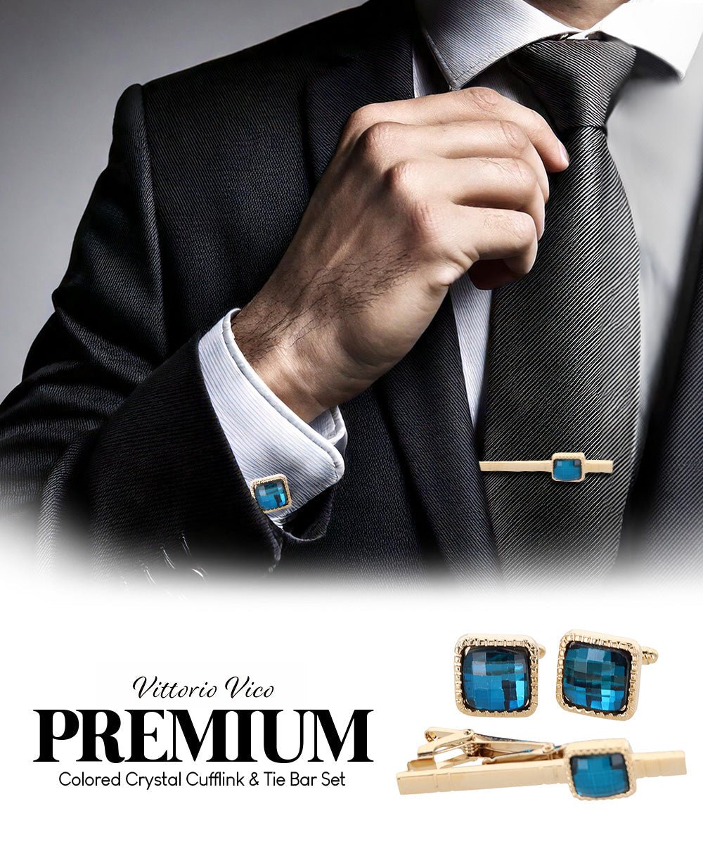 Vittorio Vico Men's Colored Crystal Cufflink & Tie Bar Set in Gift Box - Turquoise and Gold - Cufflink & Tiebar Set - Vittorio Vico
