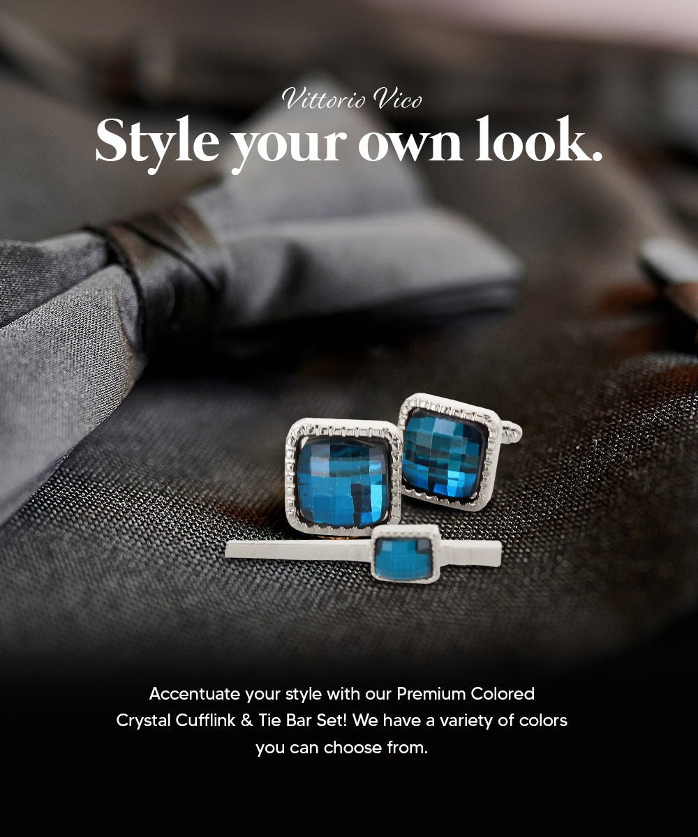 Vittorio Vico Men's Colored Crystal Cufflink & Tie Bar Set in Gift Box - Turquoise and Silver - Cufflink & Tiebar Set - Vittorio Vico