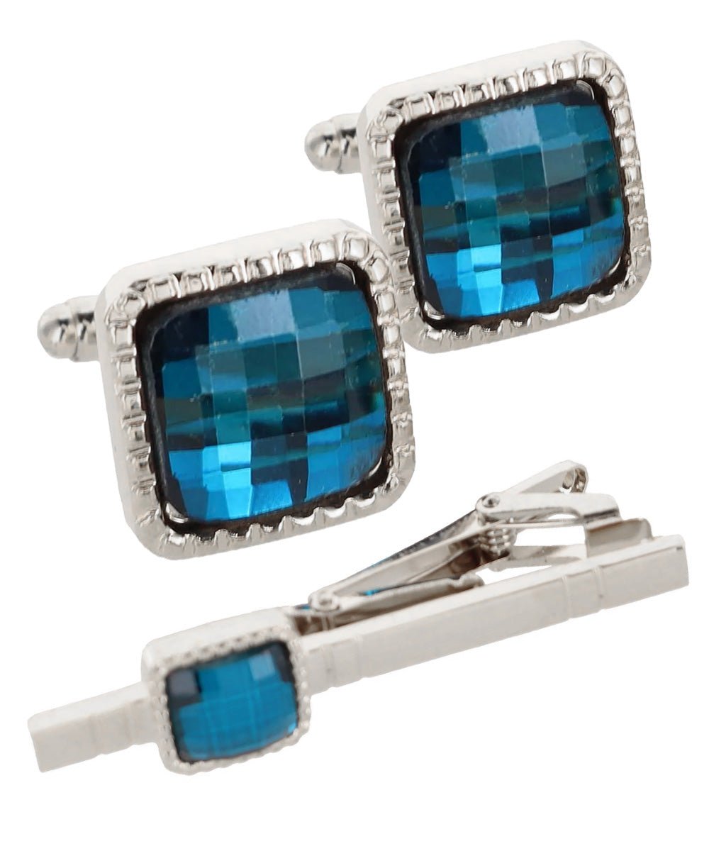 Vittorio Vico Men's Colored Crystal Cufflink & Tie Bar Set in Gift Box - Turquoise and Silver - Cufflink & Tiebar Set - Vittorio Vico