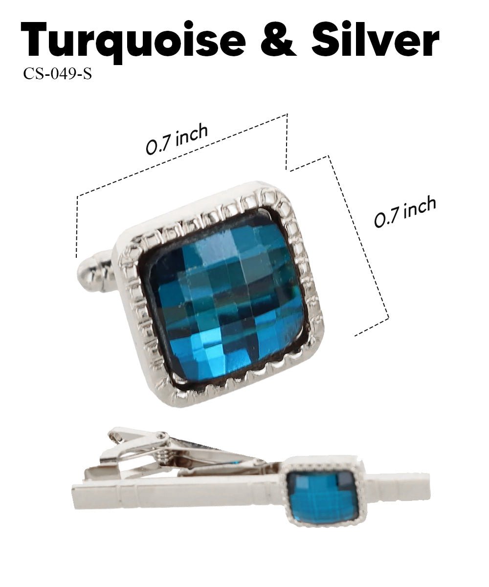 Vittorio Vico Men's Colored Crystal Cufflink & Tie Bar Set in Gift Box - Turquoise and Silver - Cufflink & Tiebar Set - Vittorio Vico