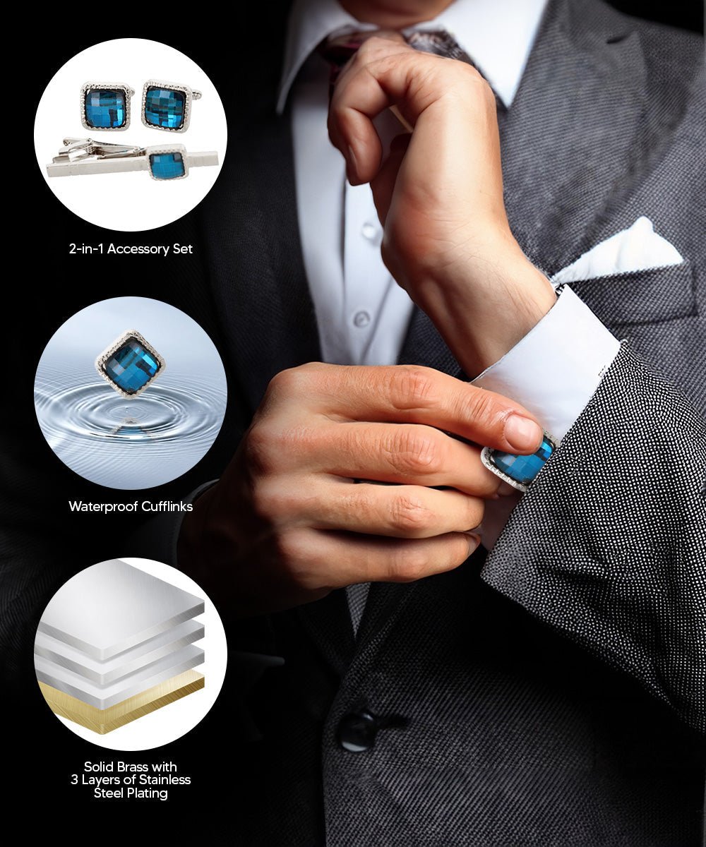 Vittorio Vico Men's Colored Crystal Cufflink & Tie Bar Set in Gift Box - Turquoise and Silver - Cufflink & Tiebar Set - Vittorio Vico