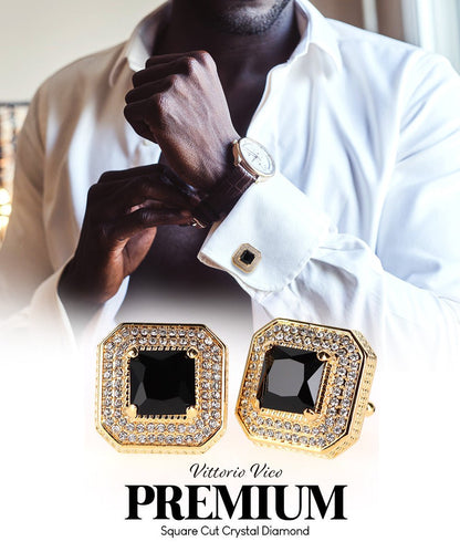 Vittorio Vico Men's Large Square Colorstone Crystal Diamond Set Cufflinks: CL71XX Series - Black and Gold - Cufflinks - Vittorio Vico