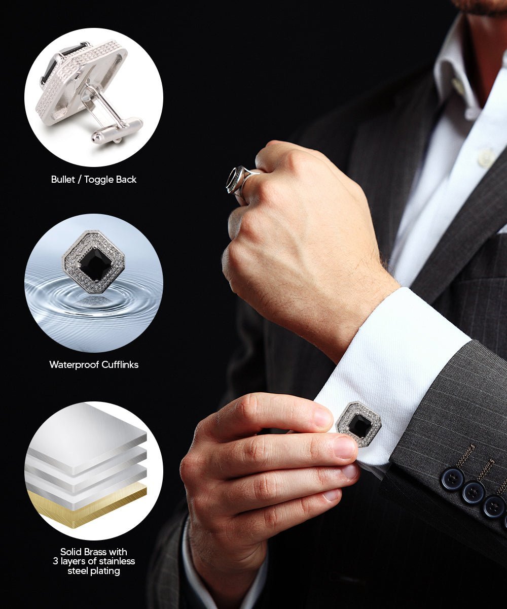 Vittorio Vico Men's Large Square Colorstone Crystal Diamond Set Cufflinks: CL71XX Series - Black and Silver - Cufflinks - Vittorio Vico