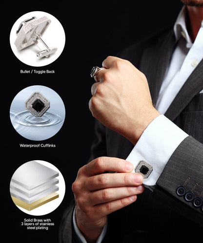 Vittorio Vico Men's Large Square Colorstone Crystal Diamond Set Cufflinks: CL71XX Series - Black and Silver - Cufflinks - Vittorio Vico