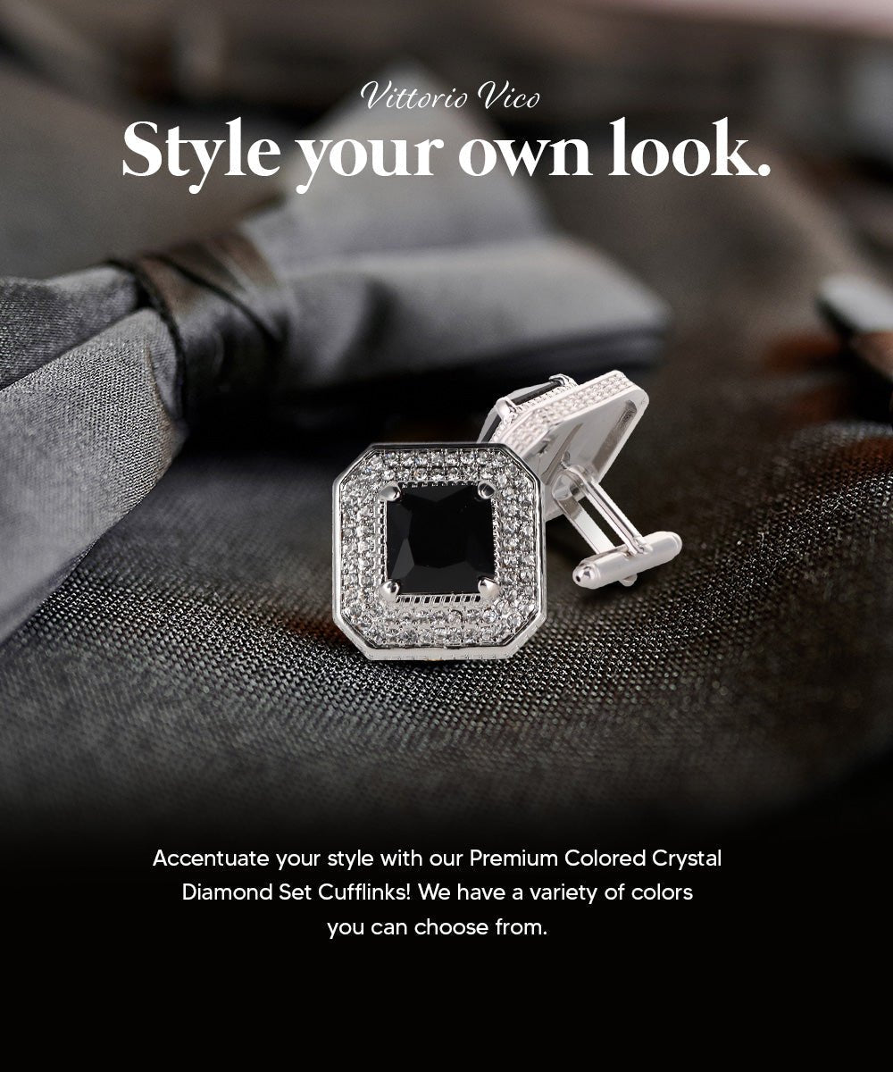 Vittorio Vico Men's Large Square Colorstone Crystal Diamond Set Cufflinks: CL71XX Series - Black and Silver - Cufflinks - Vittorio Vico
