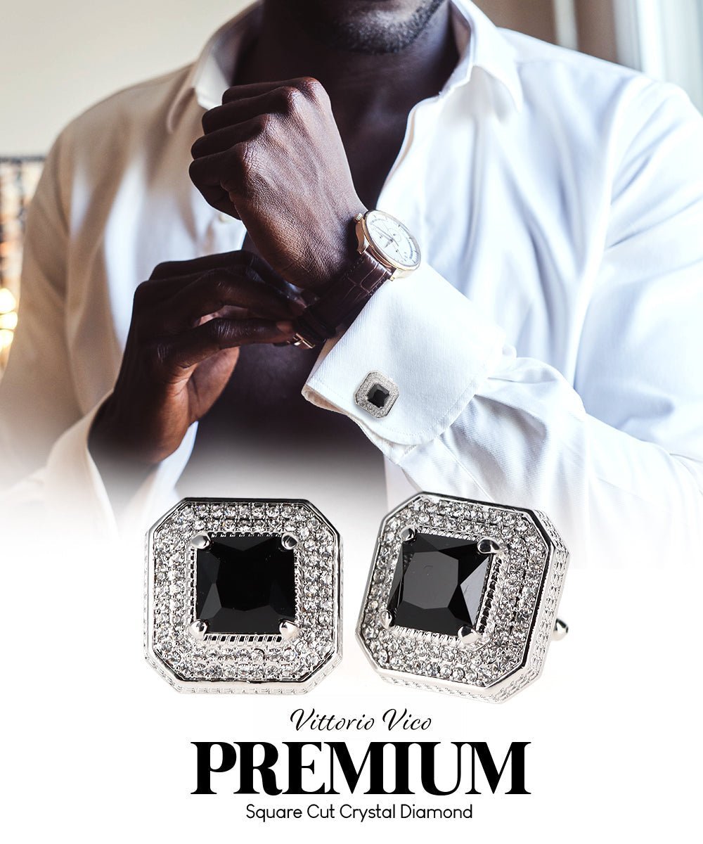 Vittorio Vico Men's Large Square Colorstone Crystal Diamond Set Cufflinks: CL71XX Series - Black and Silver - Cufflinks - Vittorio Vico
