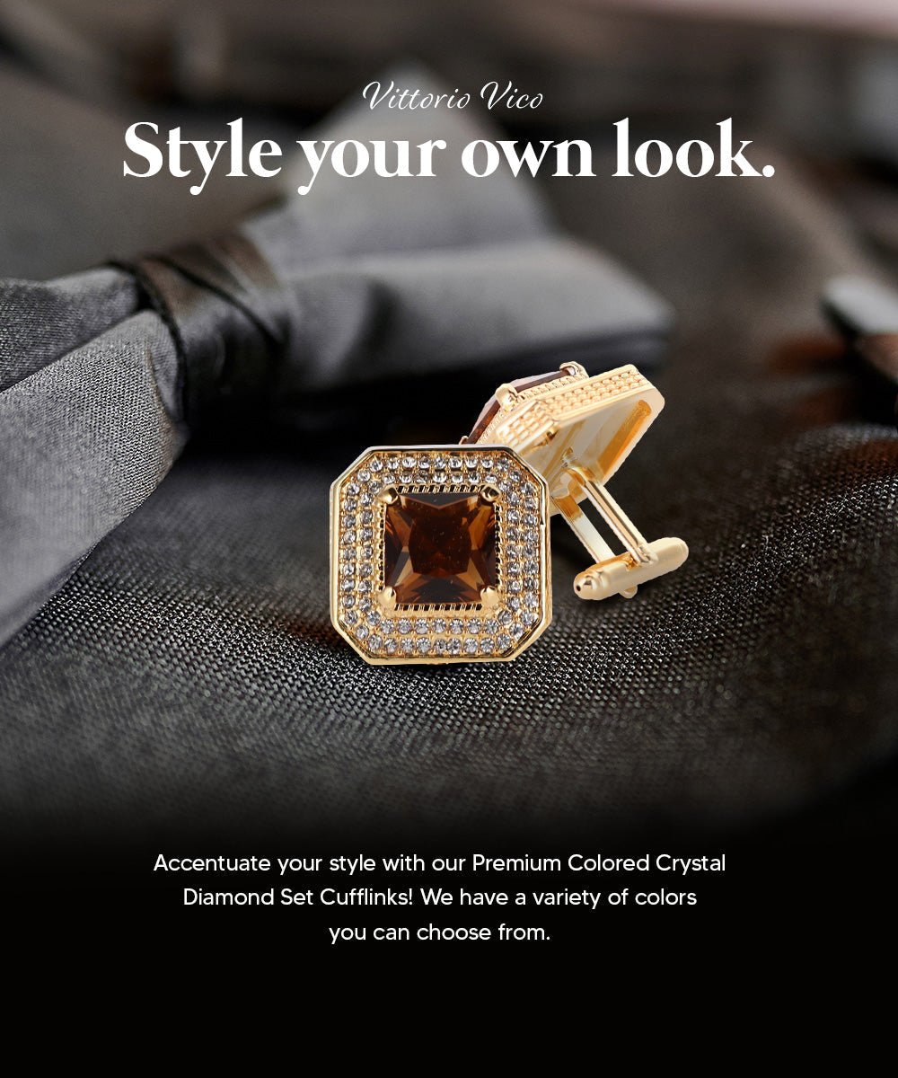 Vittorio Vico Men's Large Square Colorstone Crystal Diamond Set Cufflinks: CL71XX Series - Brown and Gold - Cufflinks - Vittorio Vico