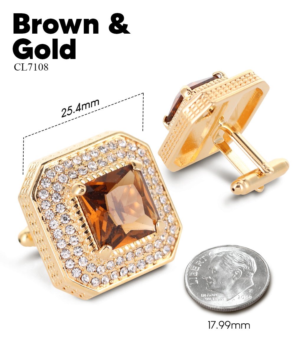 Vittorio Vico Men's Large Square Colorstone Crystal Diamond Set Cufflinks: CL71XX Series - Brown and Gold - Cufflinks - Vittorio Vico
