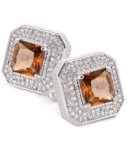 Vittorio Vico Men's Large Square Colorstone Crystal Diamond Set Cufflinks: CL71XX Series - Brown and Silver - Cufflinks - Vittorio Vico