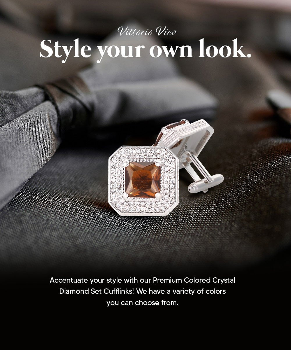 Vittorio Vico Men's Large Square Colorstone Crystal Diamond Set Cufflinks: CL71XX Series - Brown and Silver - Cufflinks - Vittorio Vico