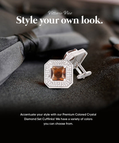Vittorio Vico Men's Large Square Colorstone Crystal Diamond Set Cufflinks: CL71XX Series - Brown and Silver - Cufflinks - Vittorio Vico