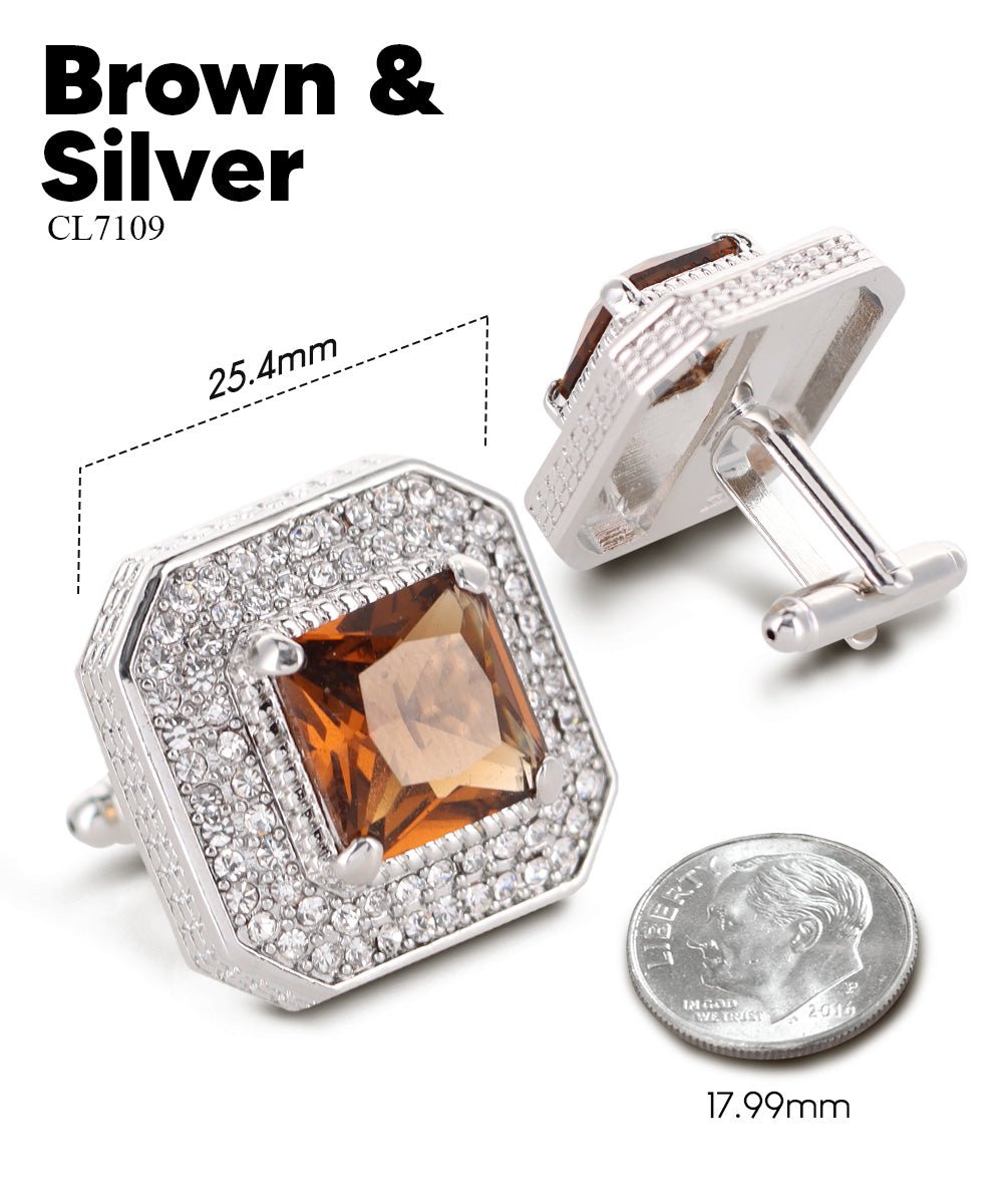 Vittorio Vico Men's Large Square Colorstone Crystal Diamond Set Cufflinks: CL71XX Series - Brown and Silver - Cufflinks - Vittorio Vico