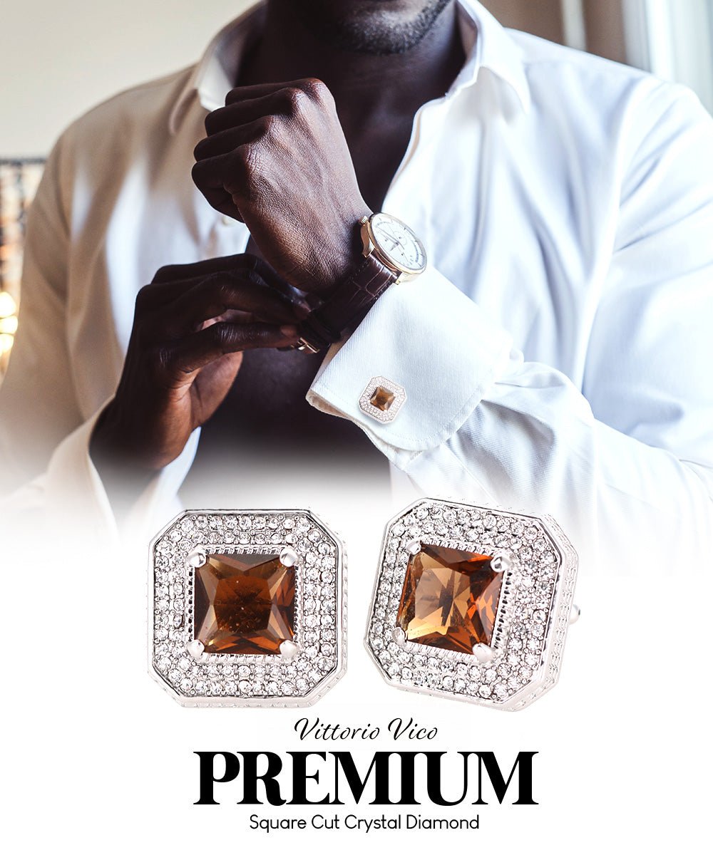 Vittorio Vico Men's Large Square Colorstone Crystal Diamond Set Cufflinks: CL71XX Series - Brown and Silver - Cufflinks - Vittorio Vico
