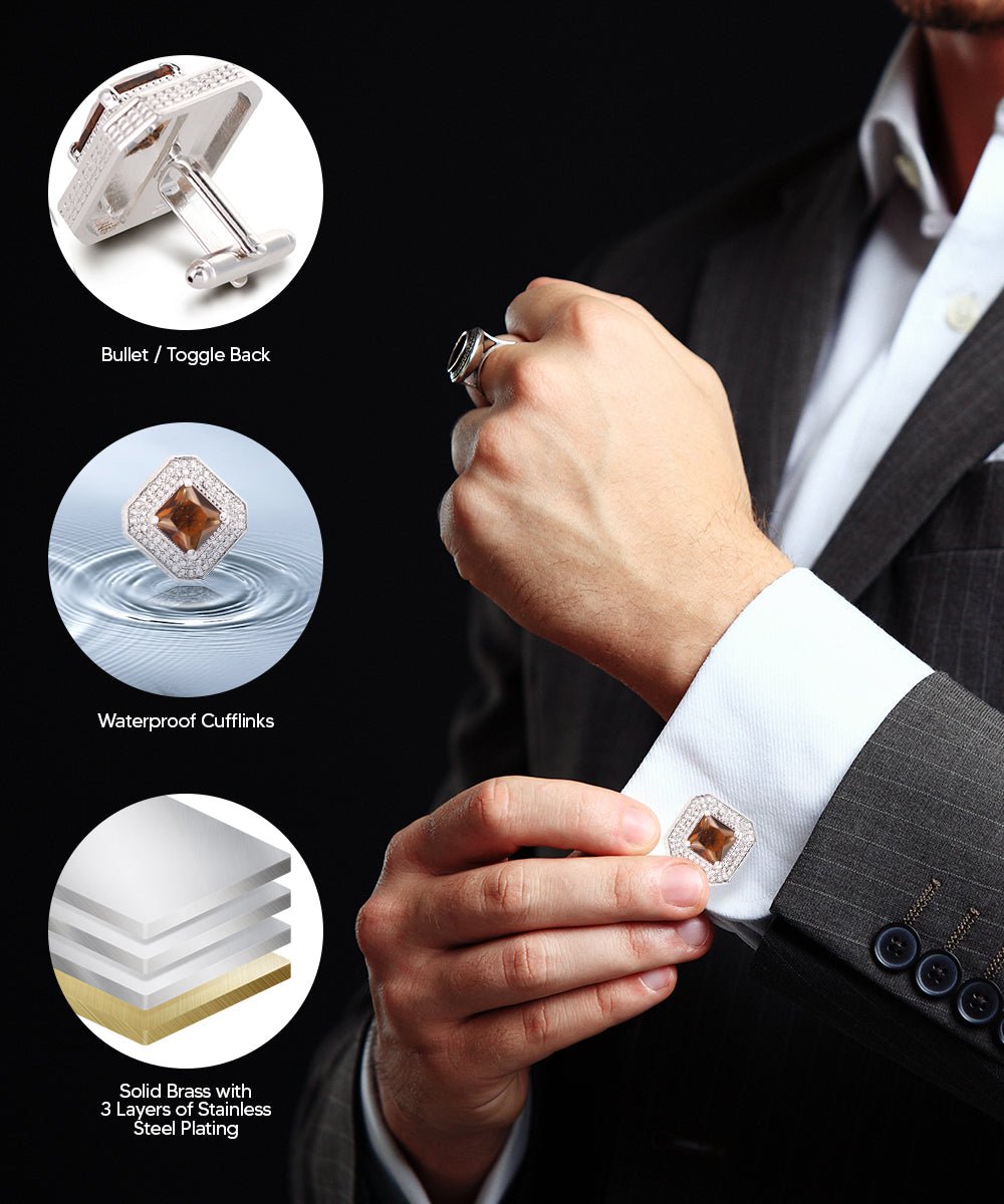 Vittorio Vico Men's Large Square Colorstone Crystal Diamond Set Cufflinks: CL71XX Series - Brown and Silver - Cufflinks - Vittorio Vico