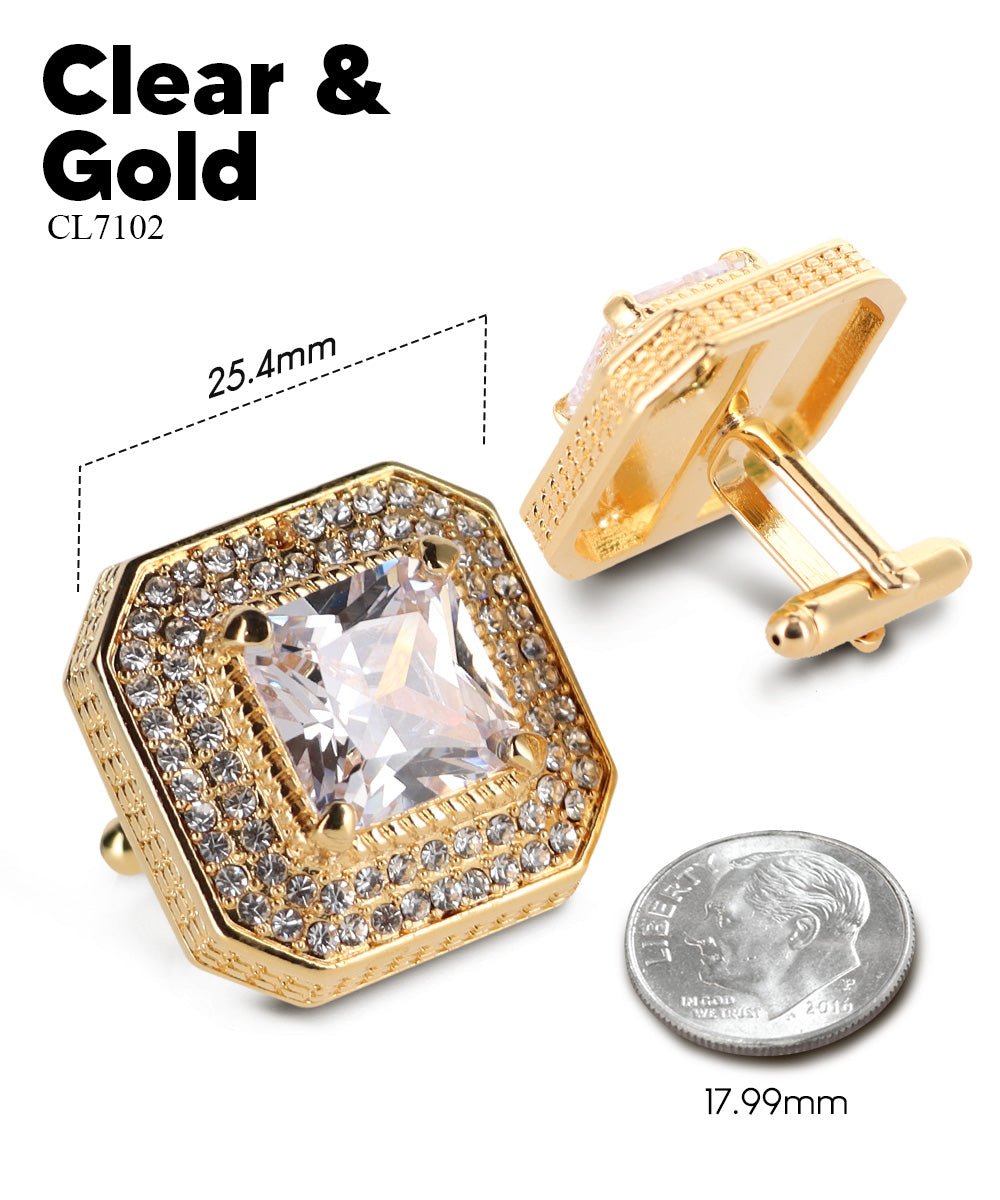 Vittorio Vico Men's Large Square Colorstone Crystal Diamond Set Cufflinks: CL71XX Series - Clear and Gold - Cufflinks - Vittorio Vico