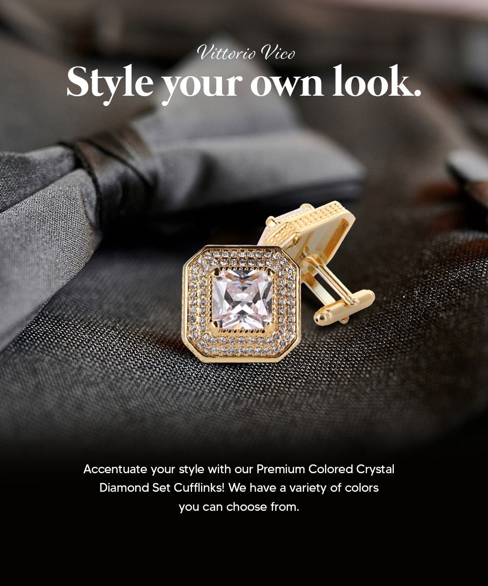 Vittorio Vico Men's Large Square Colorstone Crystal Diamond Set Cufflinks: CL71XX Series - Clear and Gold - Cufflinks - Vittorio Vico