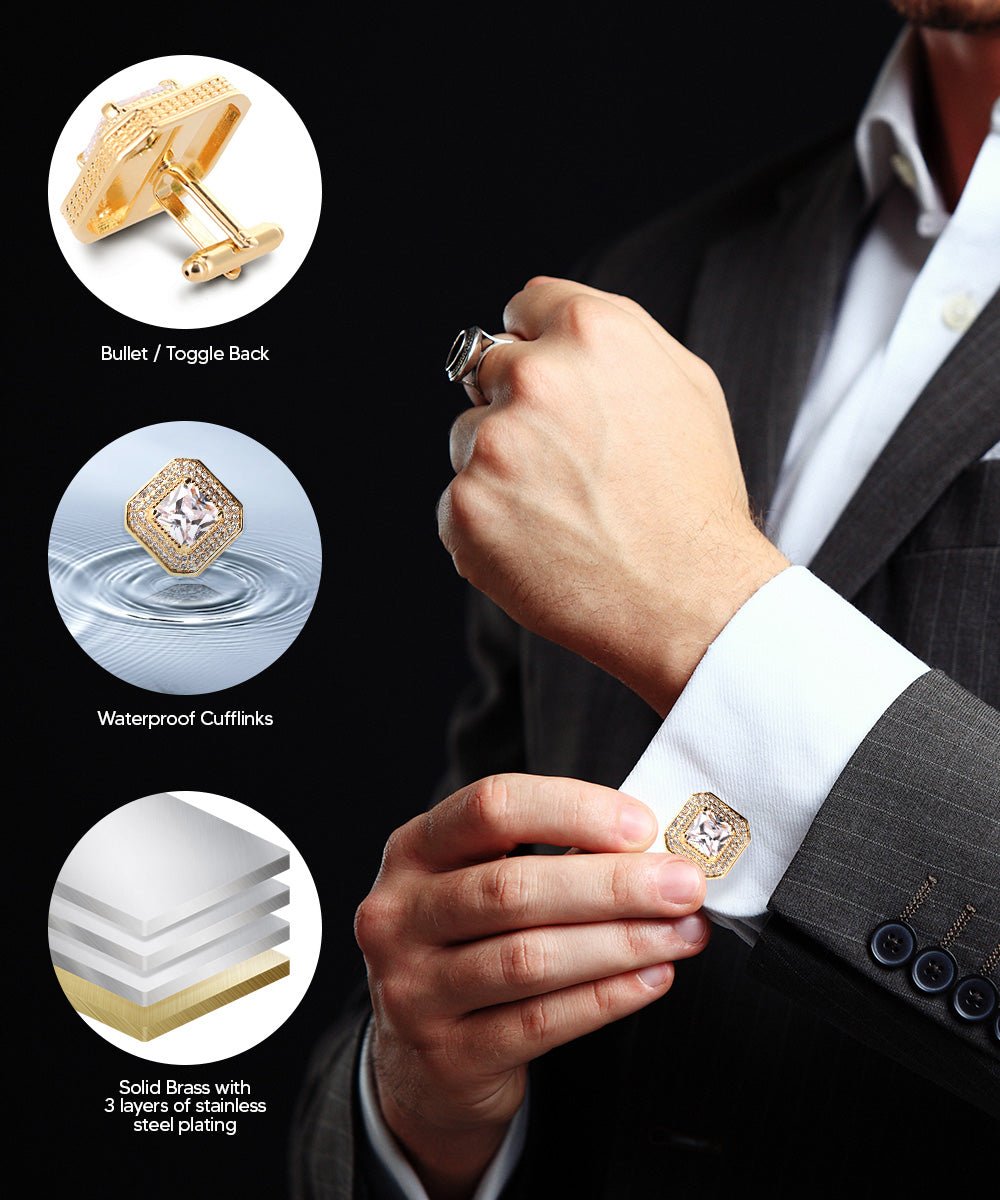 Vittorio Vico Men's Large Square Colorstone Crystal Diamond Set Cufflinks: CL71XX Series - Clear and Gold - Cufflinks - Vittorio Vico
