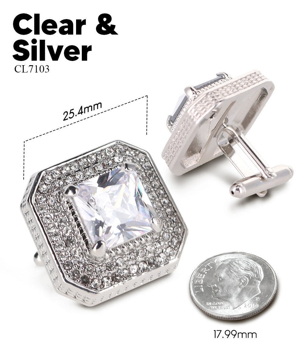 Vittorio Vico Men's Large Square Colorstone Crystal Diamond Set Cufflinks: CL71XX Series - Clear and Silver - Cufflinks - Vittorio Vico