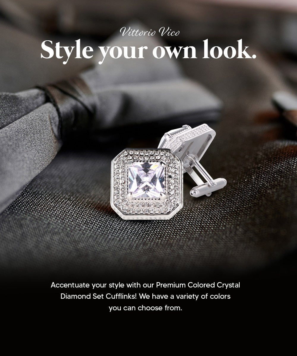 Vittorio Vico Men's Large Square Colorstone Crystal Diamond Set Cufflinks: CL71XX Series - Clear and Silver - Cufflinks - Vittorio Vico