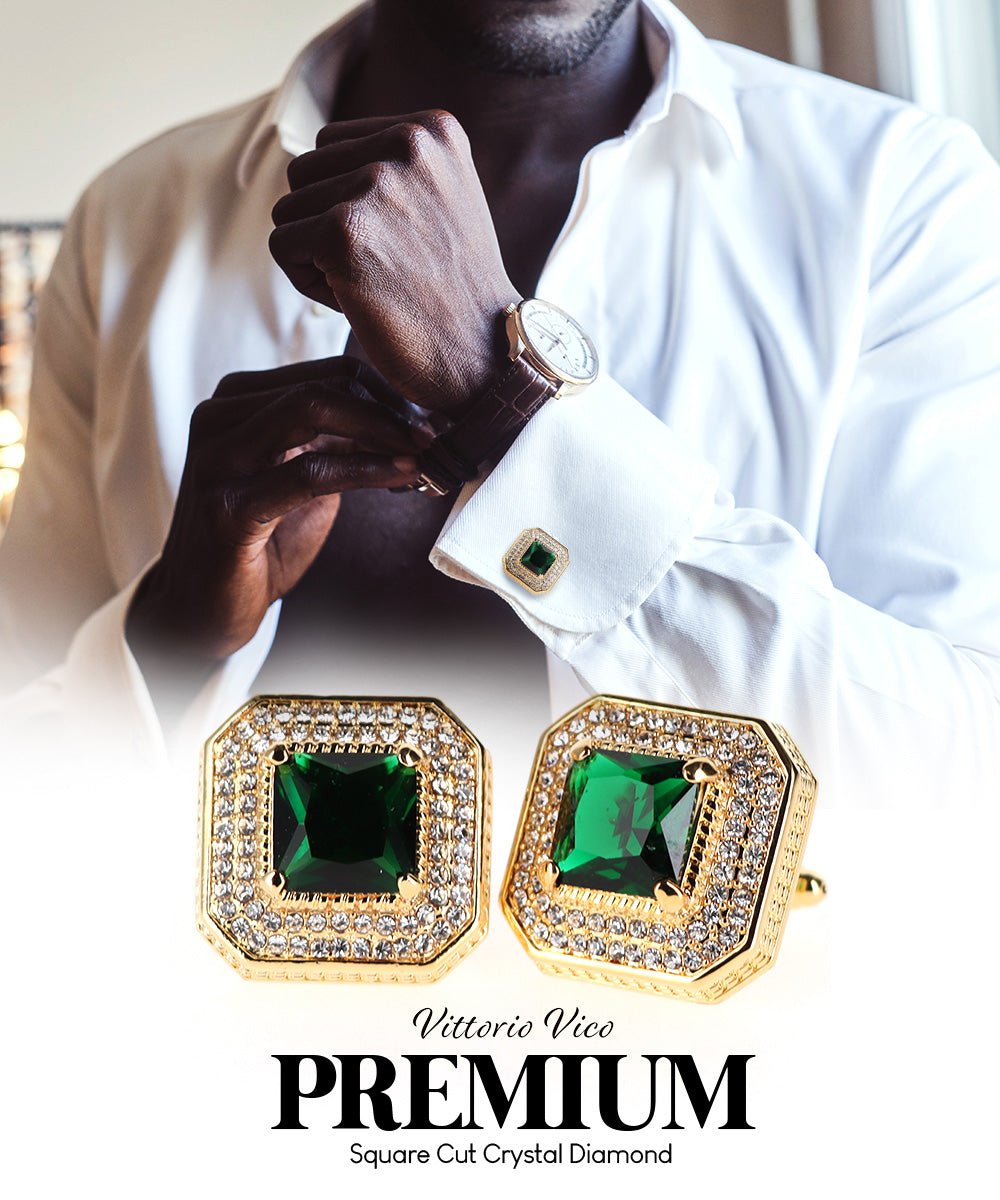 Vittorio Vico Men's Large Square Colorstone Crystal Diamond Set Cufflinks: CL71XX Series - Emerald Green and Gold - Cufflinks - Vittorio Vico