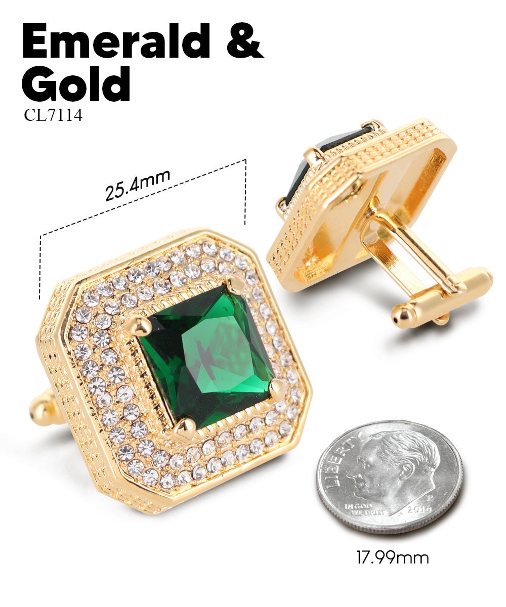 Vittorio Vico Men's Large Square Colorstone Crystal Diamond Set Cufflinks: CL71XX Series - Emerald Green and Gold - Cufflinks - Vittorio Vico