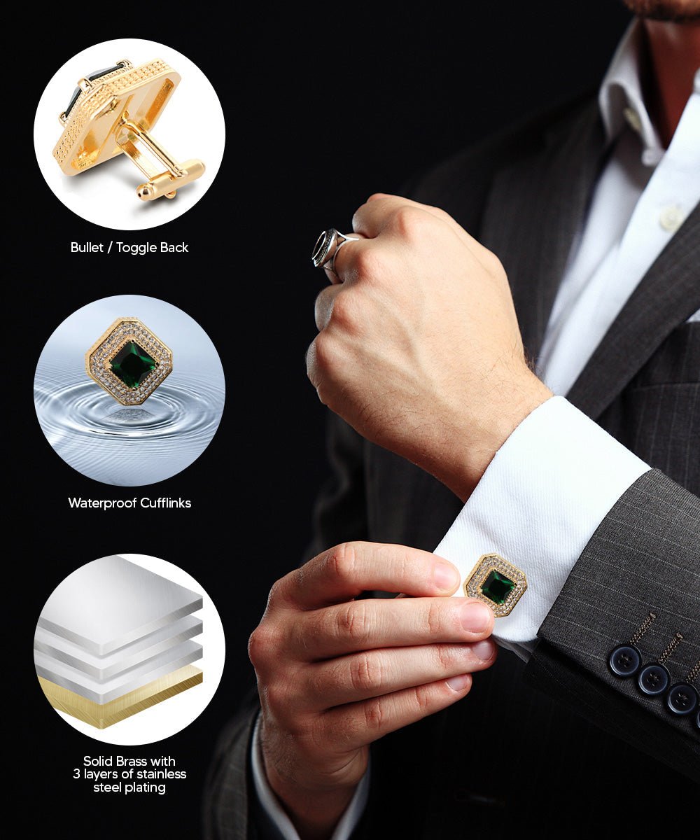 Vittorio Vico Men's Large Square Colorstone Crystal Diamond Set Cufflinks: CL71XX Series - Emerald Green and Gold - Cufflinks - Vittorio Vico