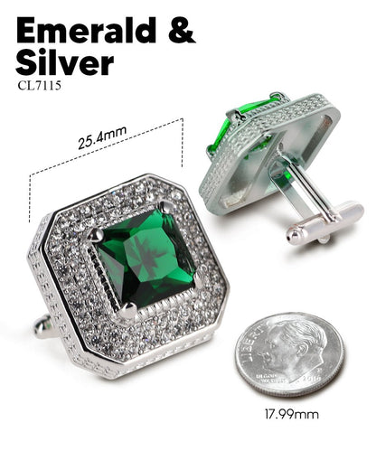 Vittorio Vico Men's Large Square Colorstone Crystal Diamond Set Cufflinks: CL71XX Series - Emerald Green and Silver - Cufflinks - Vittorio Vico
