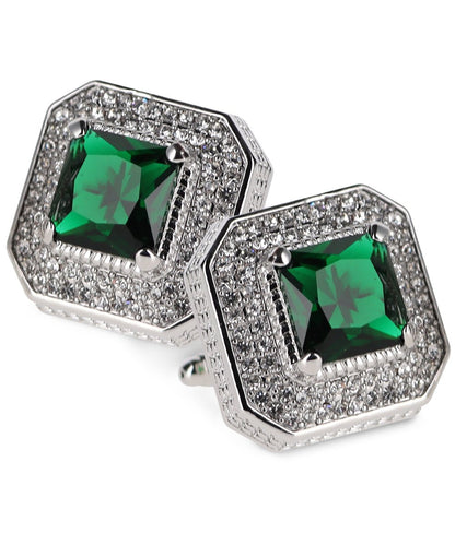 Vittorio Vico Men's Large Square Colorstone Crystal Diamond Set Cufflinks: CL71XX Series - Emerald Green and Silver - Cufflinks - Vittorio Vico