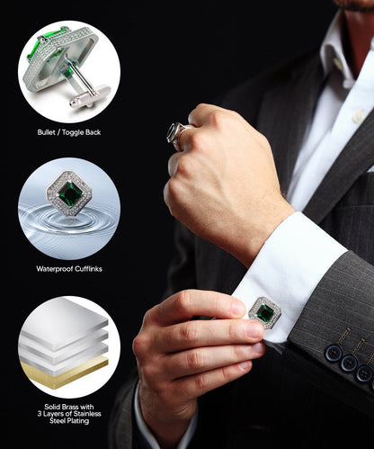 Vittorio Vico Men's Large Square Colorstone Crystal Diamond Set Cufflinks: CL71XX Series - Emerald Green and Silver - Cufflinks - Vittorio Vico