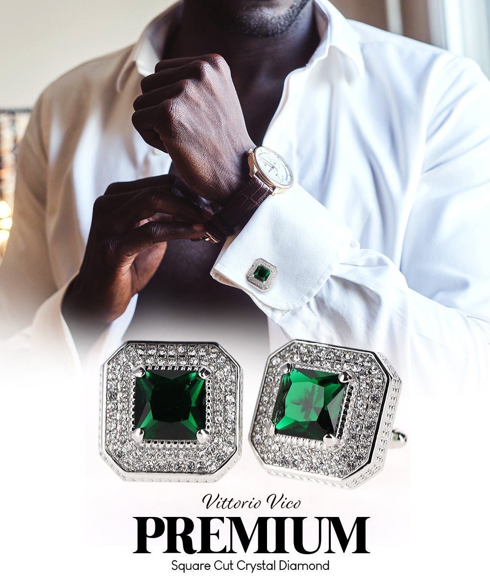 Vittorio Vico Men's Large Square Colorstone Crystal Diamond Set Cufflinks: CL71XX Series - Emerald Green and Silver - Cufflinks - Vittorio Vico