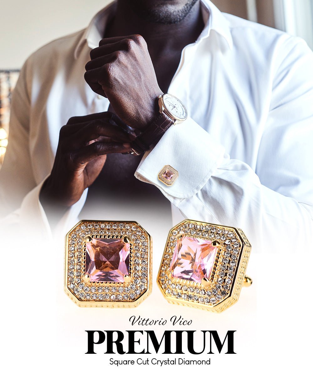 Vittorio Vico Men's Large Square Colorstone Crystal Diamond Set Cufflinks: CL71XX Series - Pink and Gold - Cufflinks - Vittorio Vico
