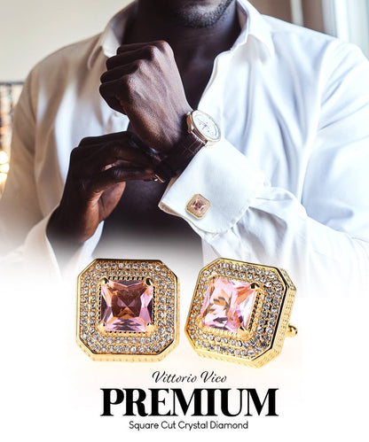 Vittorio Vico Men's Large Square Colorstone Crystal Diamond Set Cufflinks: CL71XX Series - Pink and Gold - Cufflinks - Vittorio Vico
