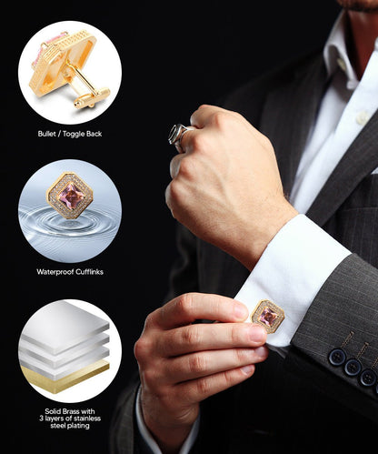 Vittorio Vico Men's Large Square Colorstone Crystal Diamond Set Cufflinks: CL71XX Series - Pink and Gold - Cufflinks - Vittorio Vico