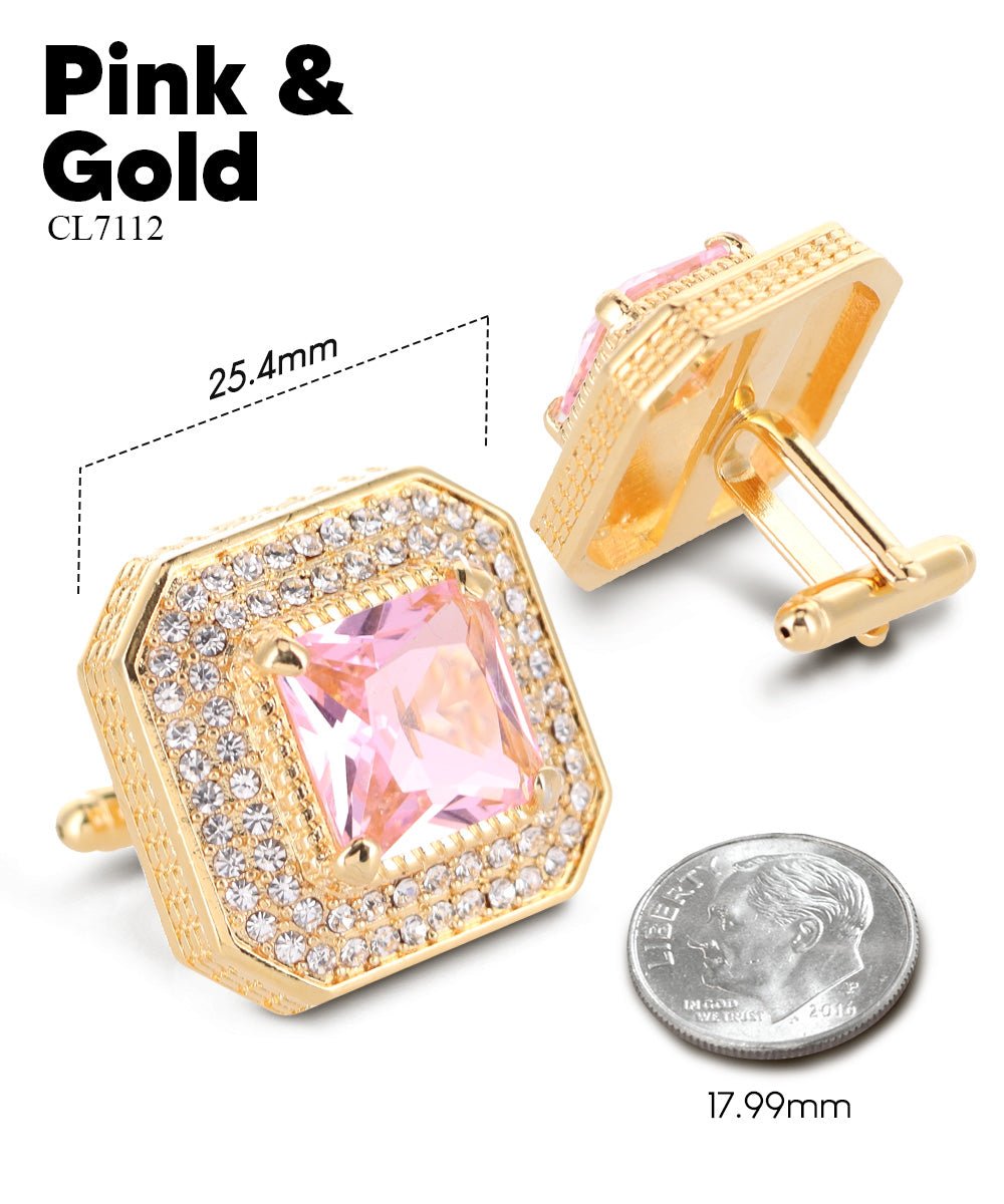 Vittorio Vico Men's Large Square Colorstone Crystal Diamond Set Cufflinks: CL71XX Series - Pink and Gold - Cufflinks - Vittorio Vico