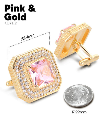 Vittorio Vico Men's Large Square Colorstone Crystal Diamond Set Cufflinks: CL71XX Series - Pink and Gold - Cufflinks - Vittorio Vico